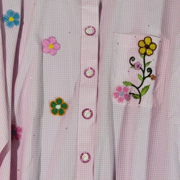 Pink Gingham Check Flannel Top Womens Plus Size 1X Rhinestone Floral Embellished - Picture 9 of 16